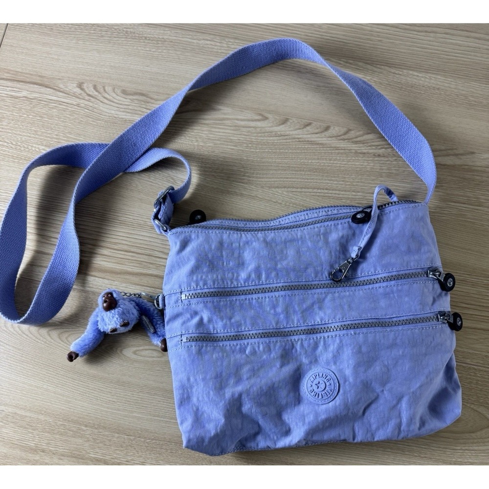 Kipling Lavender Purple Nylon Crossbody Bag Monkey Charm Multi Zip Adjustable